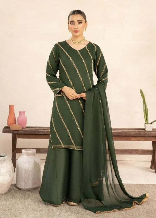 3 Piece Hand Embroidered Chiffon Dress – Bottle Green Adda Work Ensemble