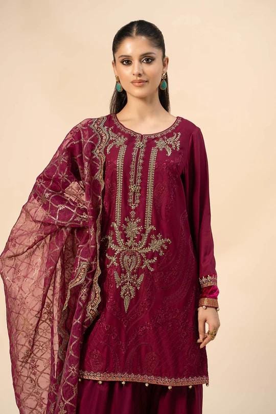 Maria.B - Farshi Shalwar 3 Piece Embroidered Linen Suit - Maroon
