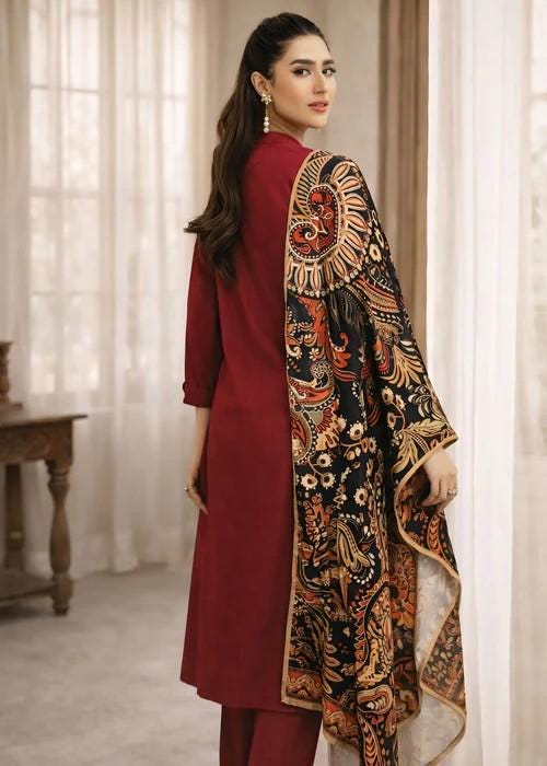 3 Piece Maroon Cotton-Blend Dhanak Suit - Herringbone Dupatta