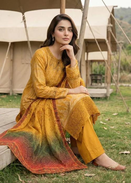 3 Piece Embroidered Jacquard Kurta Suit: Mustard