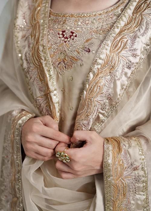 3 Piece Embroidered Charmeuse Silk Sharara Suit - Beige