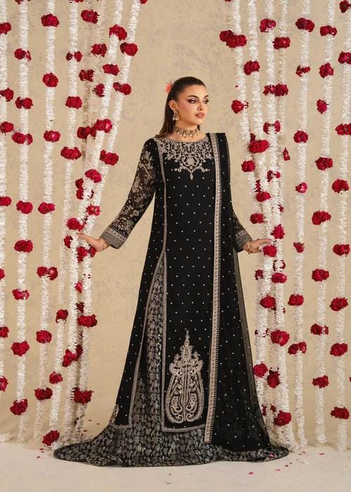 3 Piece Embroidered Chiffon Pishwas in Black