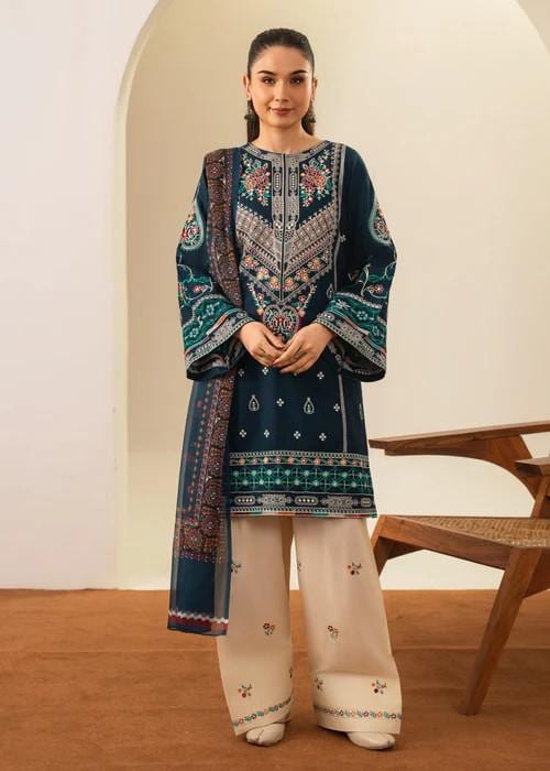 3 Piece Embroidered Linen Farshi Shalwar Suit - Teal Blue