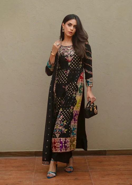 XXL - 3 Piece Embroidered Chiffon Kurta Set - Bust Size 48"