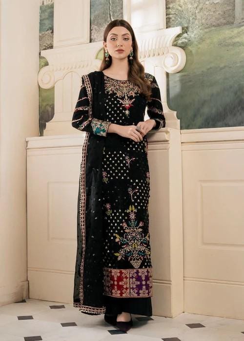 XXL - 3 Piece Embroidered Chiffon Kurta Set - Bust Size 48"