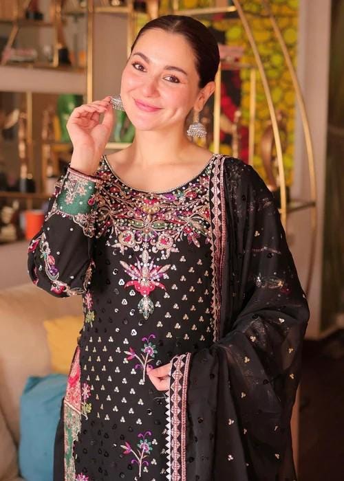 XXL - 3 Piece Embroidered Chiffon Kurta Set - Bust Size 48"