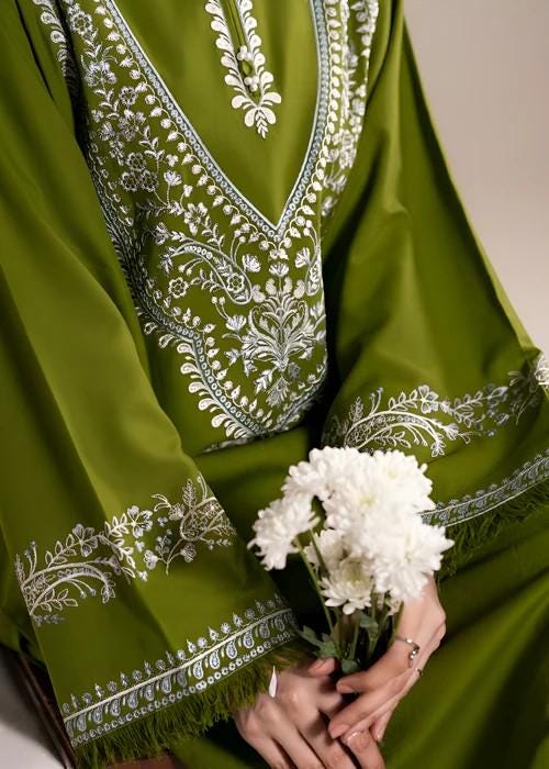 2 Piece Embroidered Linen Suit - Olive Green