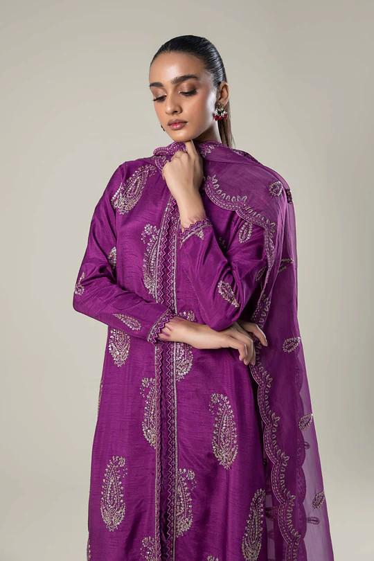 Embroidered Raw Silk Suit: Purple Organza Dupatta - Maria.B (Medium) - Shirt and Dupatta
