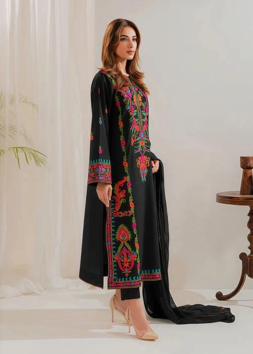 3 piece - Embroidered Linen Suit with Chiffon Dupatta - Black