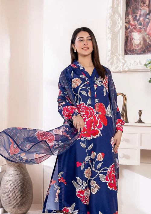 3 Piece Arabic Silk Lawn Suit with Chiffon Dupatta