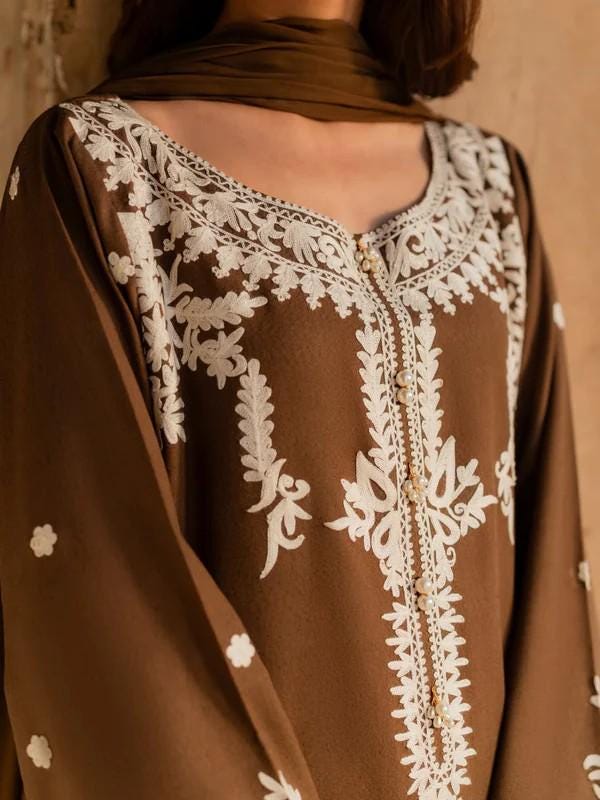 2 Piece Embroidered Summer Linen Long Kurta and Pants - Camel Brown