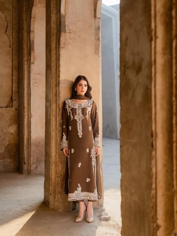 2 Piece Embroidered Summer Linen Long Kurta and Pants - Camel Brown