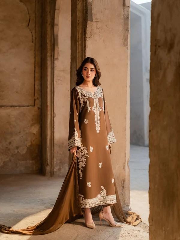 2 Piece Embroidered Summer Linen Long Kurta and Pants - Camel Brown