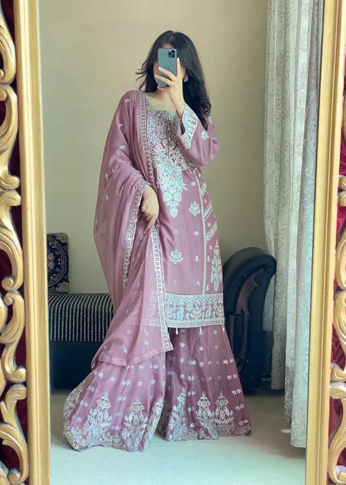Embroidered Chiffon Gharara - Mauve Pink