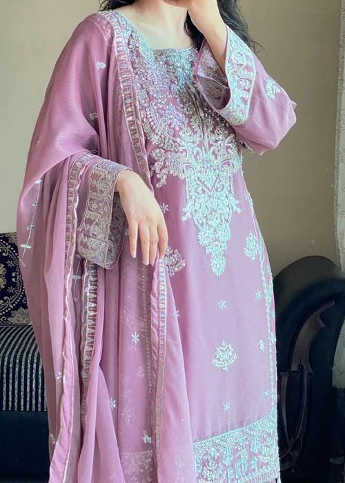 Embroidered Chiffon Gharara - Mauve Pink