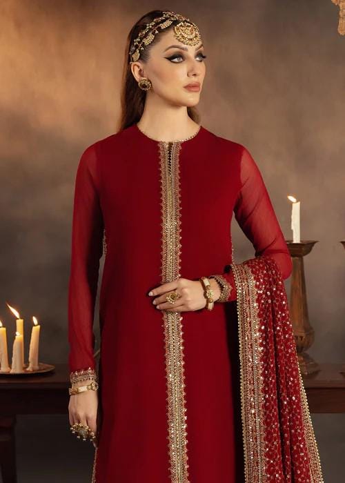 3 Piece Embroidered Long Kurta Chiffon and Raw Silk Sharara Suit