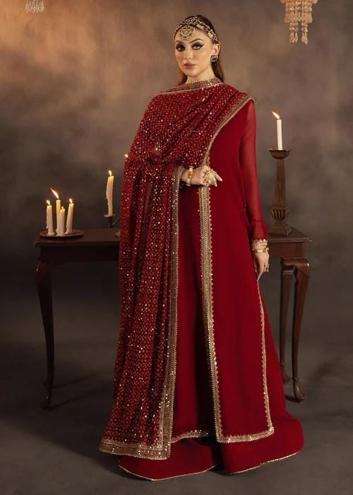 3 Piece Embroidered Long Kurta Chiffon and Raw Silk Sharara Suit