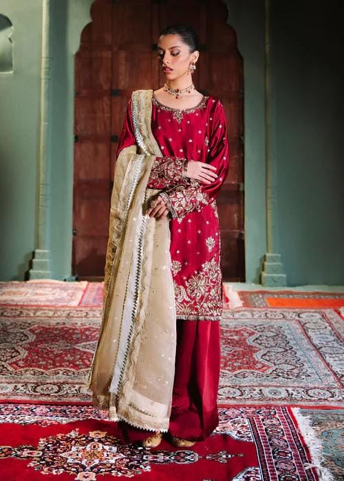 3 Piece Embroidered Charmeuse Silk Suit - Crimson