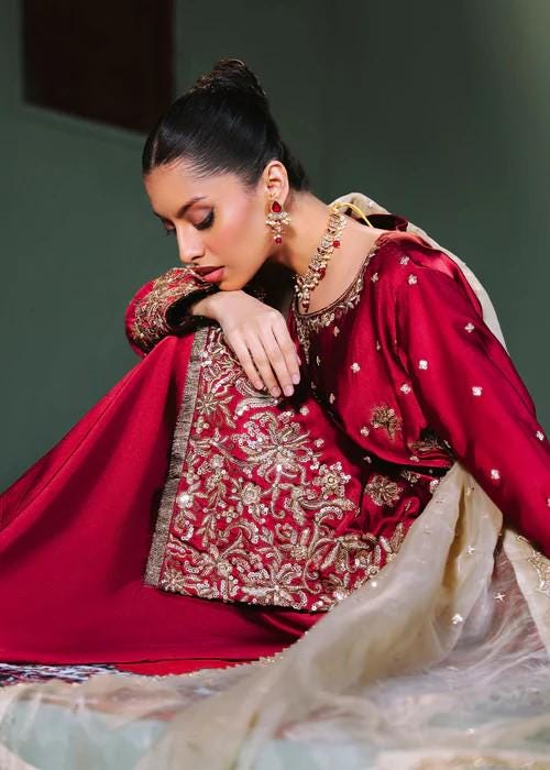3 Piece Embroidered Charmeuse Silk Suit - Crimson
