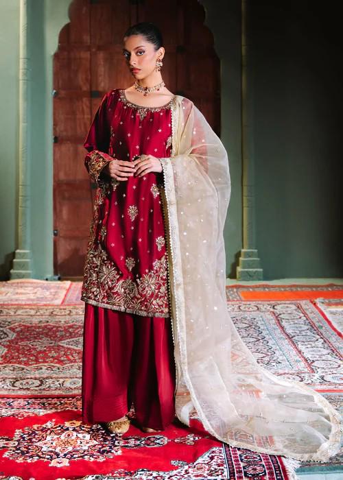 3 Piece Embroidered Charmeuse Silk Suit - Crimson