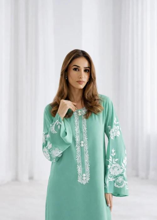 Embroidered Lawn Long Kurta Suit - 2 Piece - Moss Green