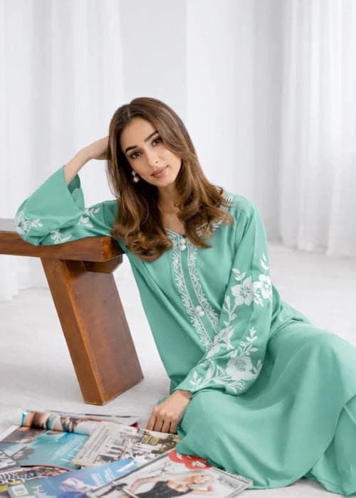 Embroidered Lawn Long Kurta Suit - 2 Piece - Moss Green