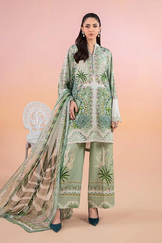 Maria.B - 3 Piece Printed Lawn Suit  (Large) - Green Palm Tree Design
