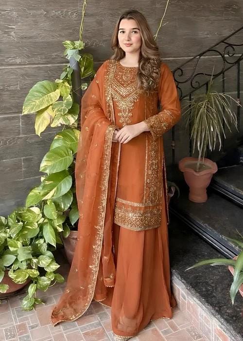 Embroidered Chiffon Sharara - Rust Orange
