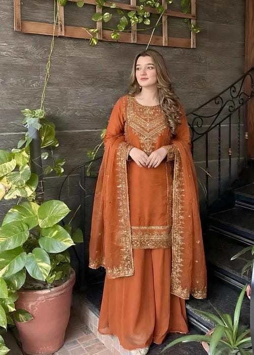 Embroidered Chiffon Sharara - Rust Orange