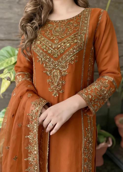 Embroidered Chiffon Sharara - Rust Orange