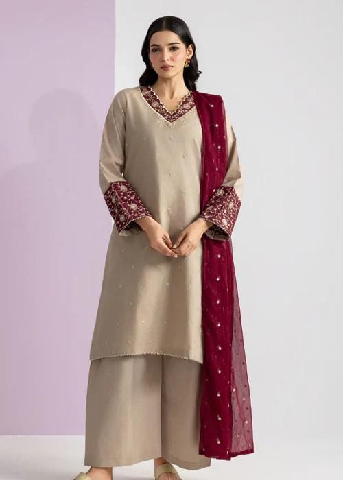 3 piece - Embroidered Cotton with Zari Kurta Set