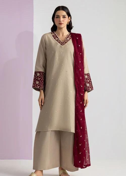 3 piece - Embroidered Cotton with Zari Kurta Set