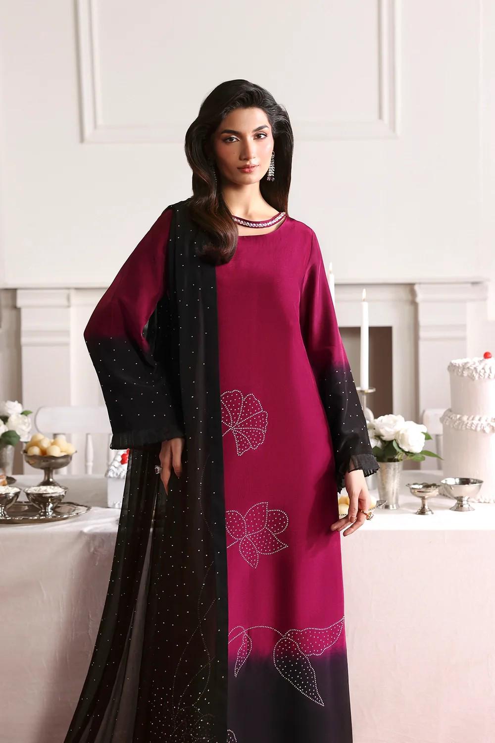 3 Piece Two Tone Silk Long Kurta Suit with Chiffon Dupatta