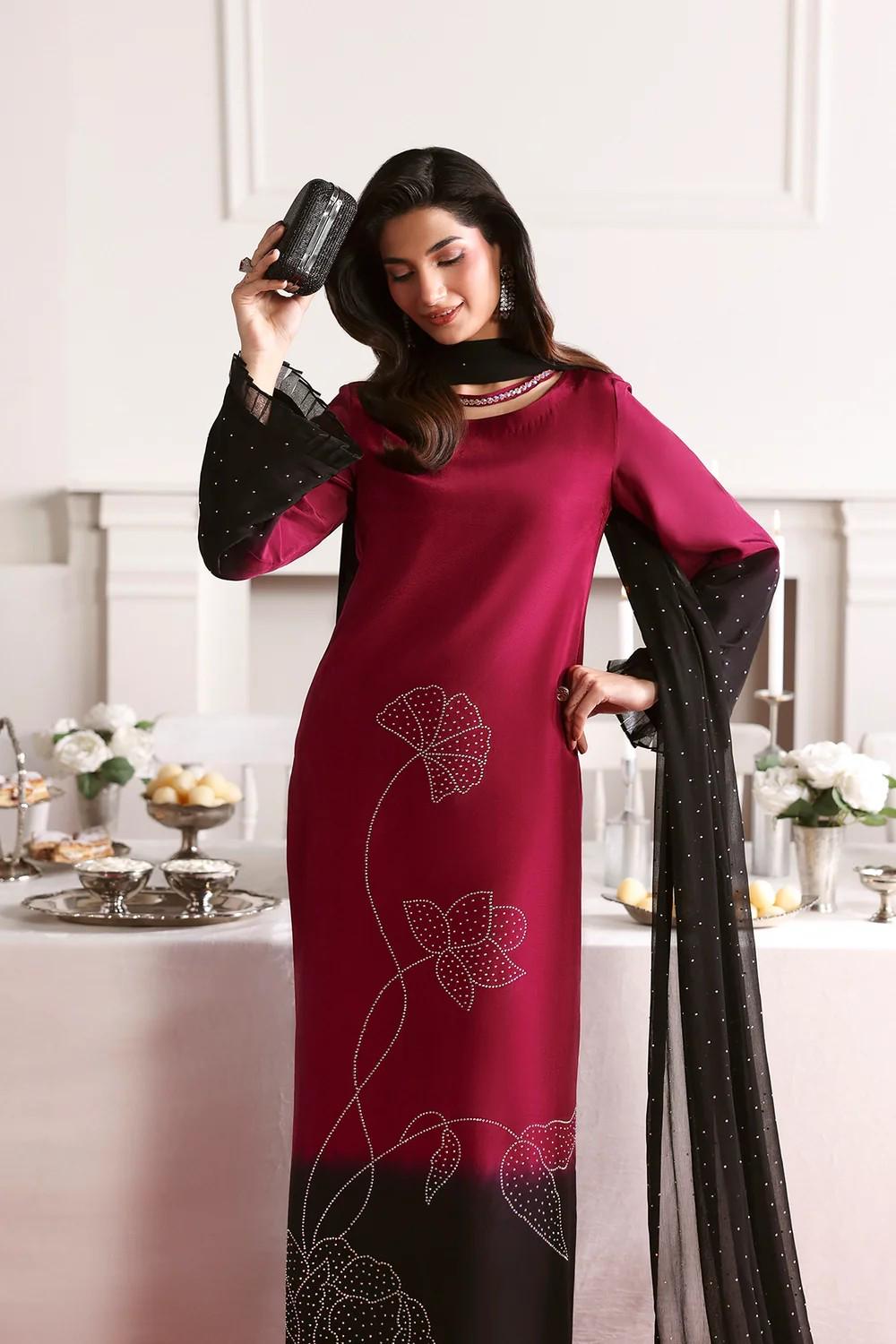 3 Piece Two Tone Silk Long Kurta Suit with Chiffon Dupatta