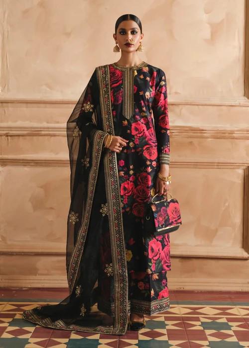 Embroidered Lawn Suit: Red Roses on Black, Palazzo Pants & Silk Dupatta