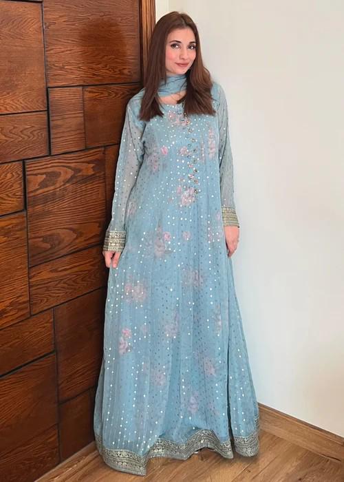Embroidered Chiffon Pishwas Maxi Suit - Ice Blue
