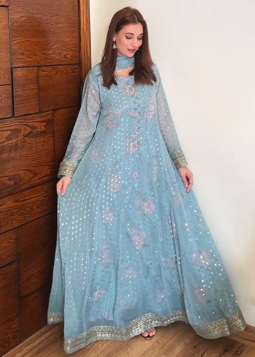 Embroidered Chiffon Pishwas Maxi Suit - Ice Blue