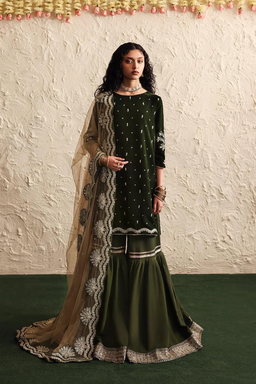3 Piece Designer Embroidered Velvet And Raw Silk Gharara