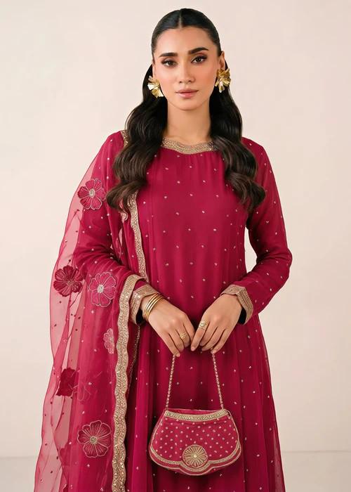 4 Piece Embroidered Chiffon Pishwas Suit with Potli Bag - Hot Pink