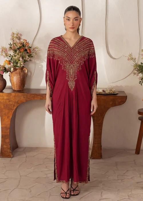Embroidered Linen Kaftan Dress - 1 Piece