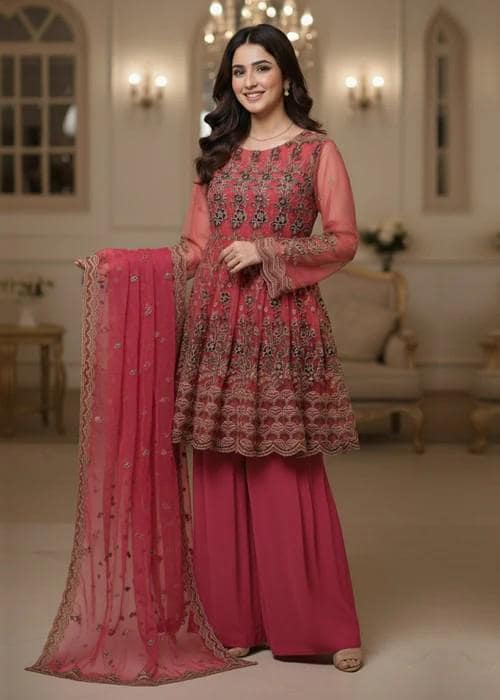 Designer Embroidered Organza Gharara - Bubblegum Pink