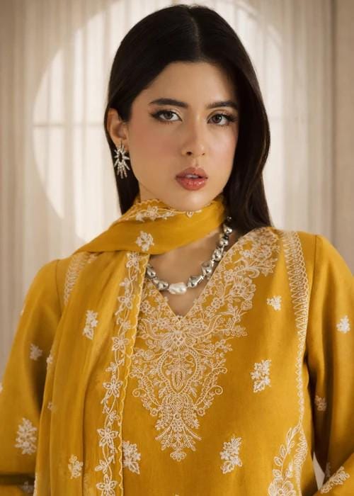 3 piece - Embroidered Summer Lawn Culottes Suit - Mustard
