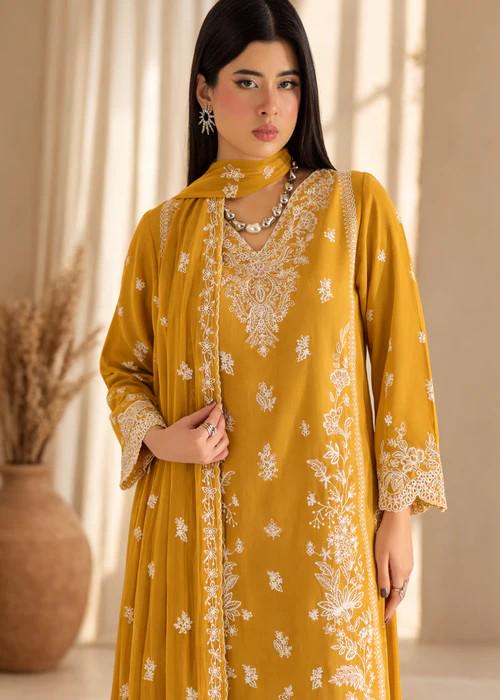 3 piece - Embroidered Summer Lawn Culottes Suit - Mustard
