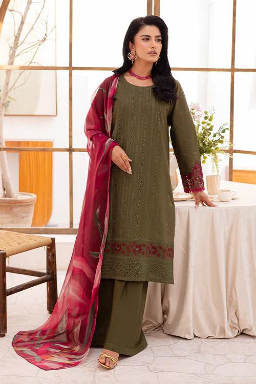 3 piece - Pakistani Designer Lawn Suit - Chiffon Dupatta - Olive Green & Red