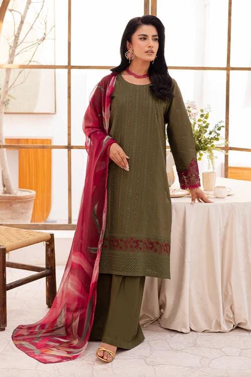 3 Piece Lawn Cotton Suit - Olive Green with Printed Chiffon Dupatta