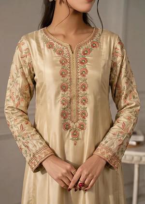 Embroidered Silk Maxi Suit - 3 Piece - Beige