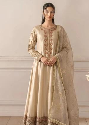 Embroidered Silk Maxi Suit - 3 Piece - Beige