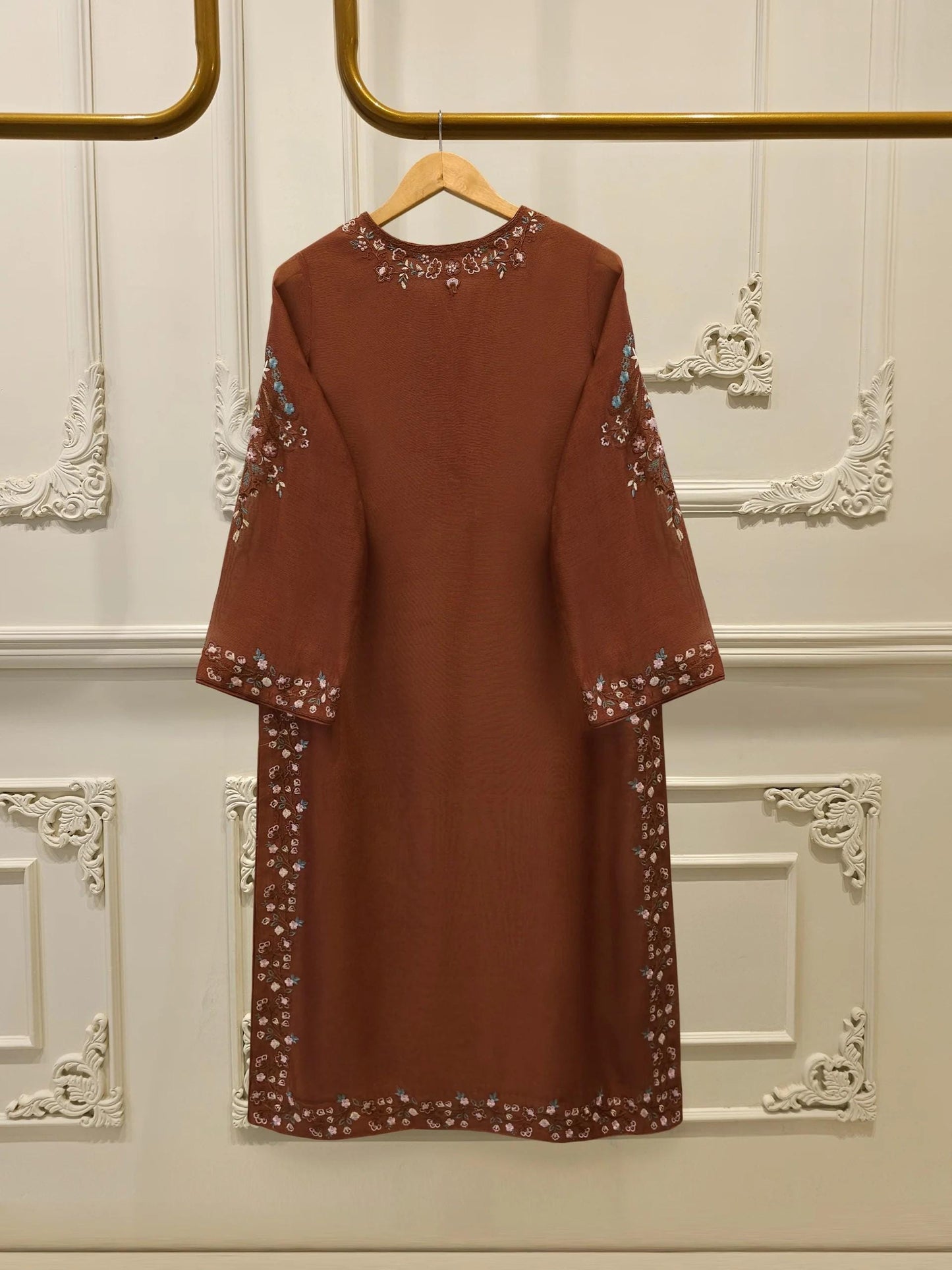 Agha Noor 3 Piece Pure Embroidered Cotton Net Suit - Brown