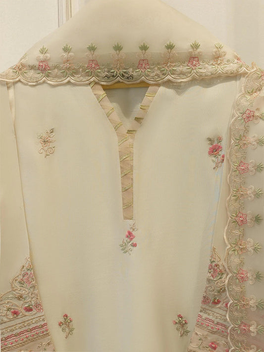 Agha Noor - 3 Piece - Pure Sheesha Silk Embroidered Suit - Off White