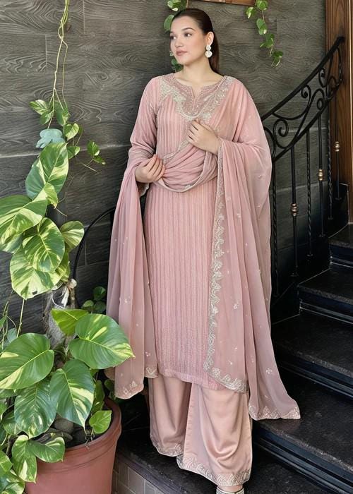 Embroidered Chiffon and Raw Silk Palazzo Long Kurta Suit